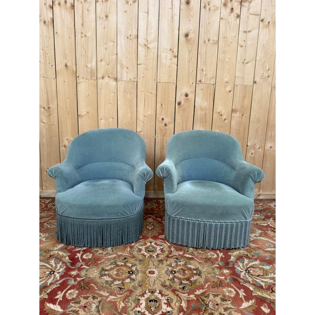 Blue Fake Toadstool Armchairs in Duck Blue Velvet and Mixed Legs, 1970s For Sale - Image 8 of 8