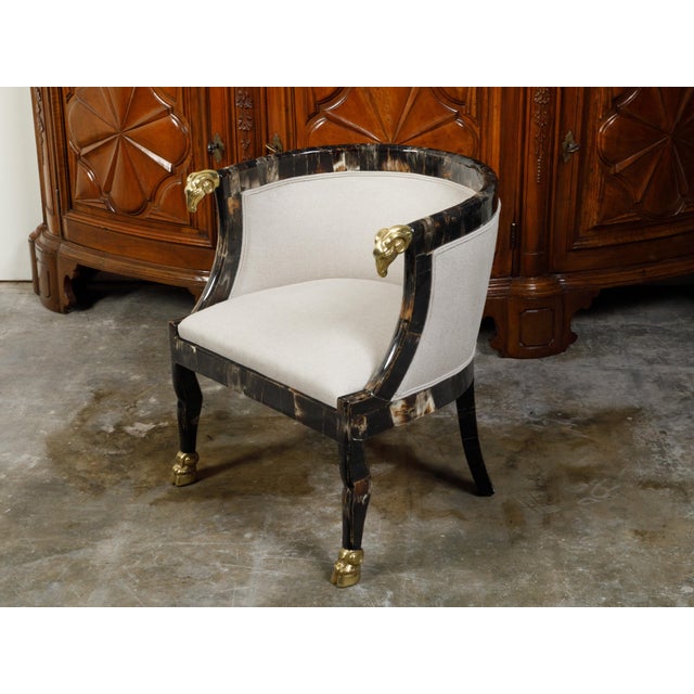 Mid 20th Century Italian Midcentury Horn Tub Chair with Gilt Rams' Heads and New Upholstery For Sale - Image 9 of 11