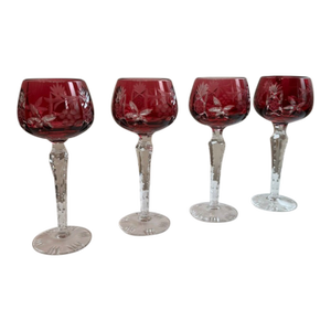 Set of 4 Vintage Bohemian Cranberry Crystal Cut-to-Clear Wine Goblets