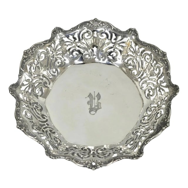Antique Reed & Barton Reticulated Silver Plated Trinket Dish Bowl "B" Monogram For Sale