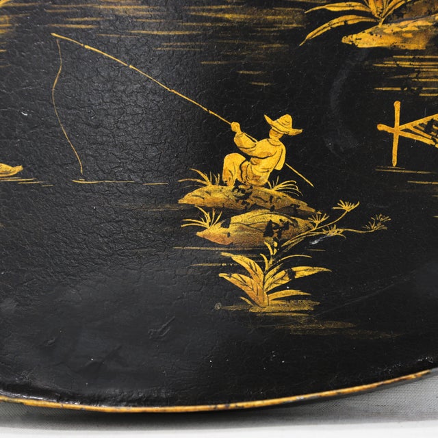 Metal Vintage Black and Gold Chinoiserie Lacquerware Serving Tray For Sale - Image 7 of 14