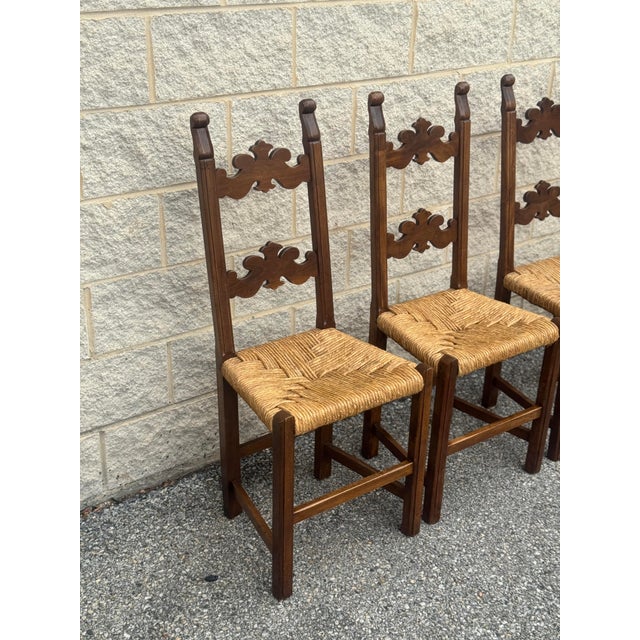 Mid 20th Century Vintage Italian Carved Walnut Rush Seat Dining Chairs – Set of 6 For Sale - Image 5 of 12