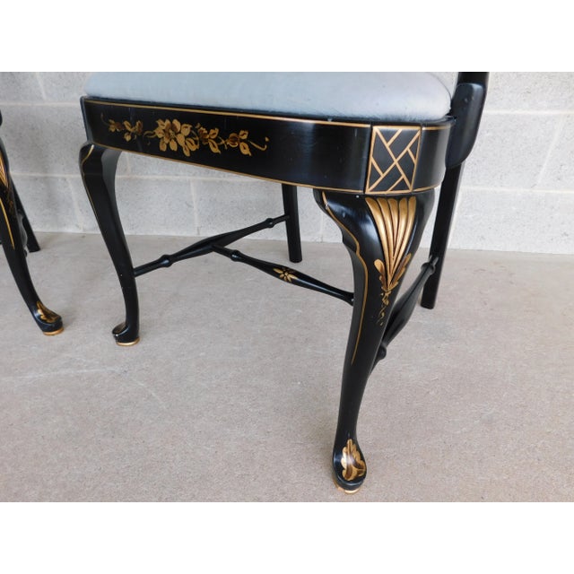 Paint Vintage Georgian Style Chinoiserie Decorated Black Lacquer Arm Chairs - A Pair For Sale - Image 7 of 18