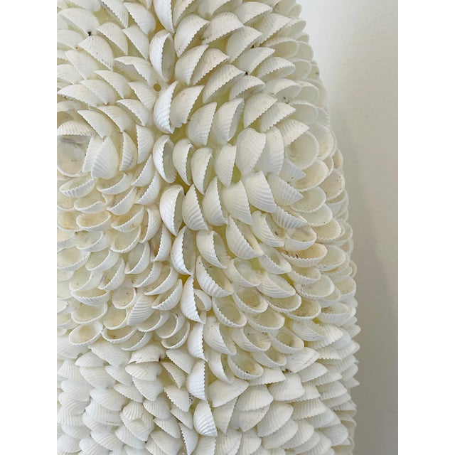 Vintage handmade sea shell encrusted 20” tall vase for coastal decor.