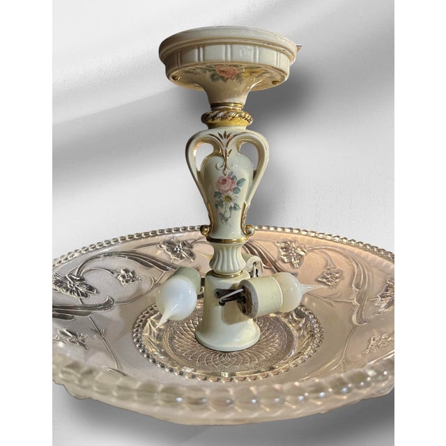 1930s Art Nouvau Glass and Porcelain Chandelier For Sale - Image 11 of 12