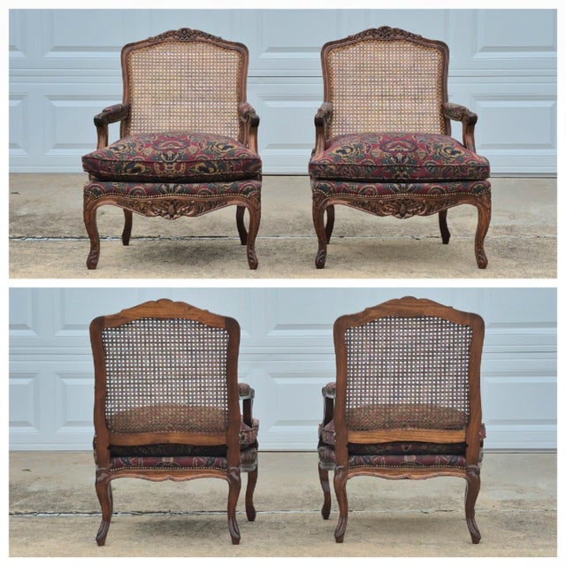 Late 20th Century Louis XV Carved Walnut Cane Back Arm Chairs Fauteuils, a Pair For Sale - Image 9 of 18