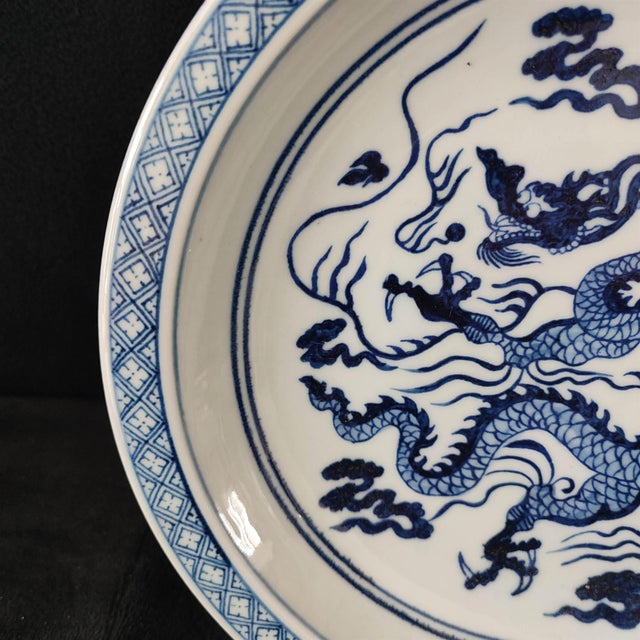 Ceramic Chinese Ceramic Plate,Xuande Marked Blue and White Porcelain Plate Hand Painted Dragon Pattern For Sale - Image 7 of 10