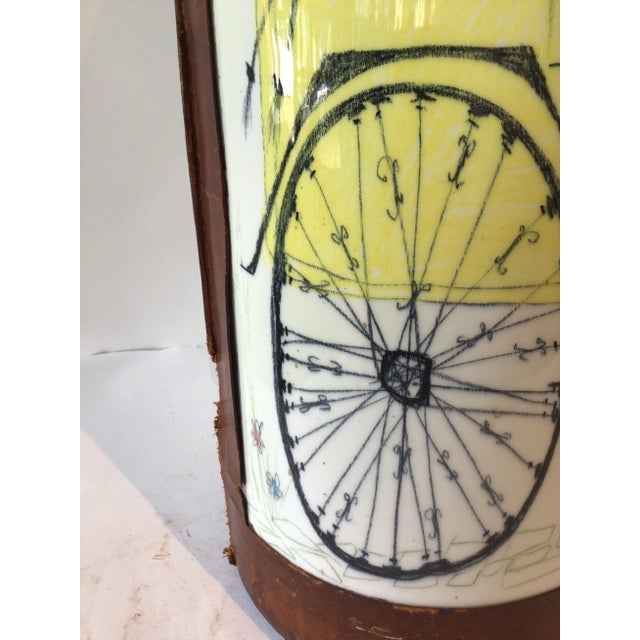 1960s Quadrifoglio Italian Leather & Ceramic Hand Painted Vase or Umbrella Stand For Sale - Image 10 of 11