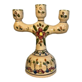 Vintage Hand Painted Talavera Folk Art Candelabra For Sale