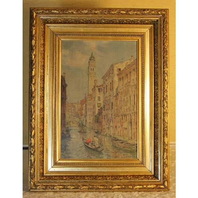 This original oil painting by J. Curter depicts the picturesque Rio dei Greci in Venice. Executed with oil on wood, the...