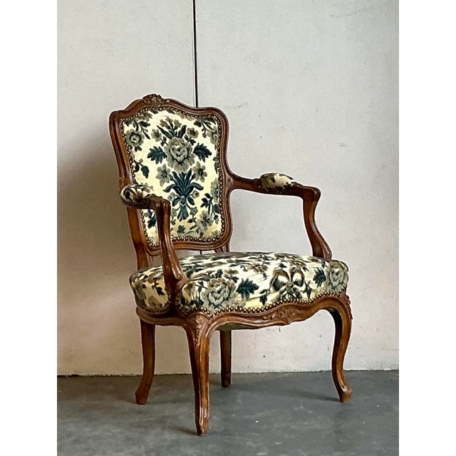 Brown Vintage Regency Distressed Fleur De Leys Fireside Chair For Sale - Image 8 of 8