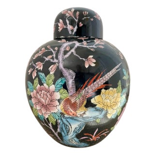 Large Vintage Chinoiserie Famille Noire Ginger Jar Black Floral Ceramic. For Sale