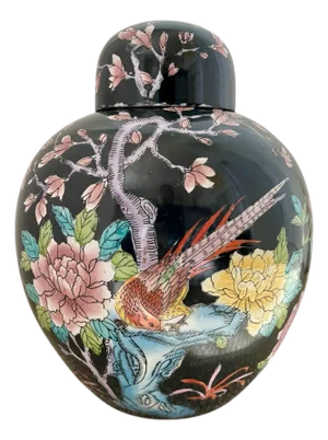 Large Vintage Chinoiserie Famille Noire Ginger Jar Black Floral Ceramic.