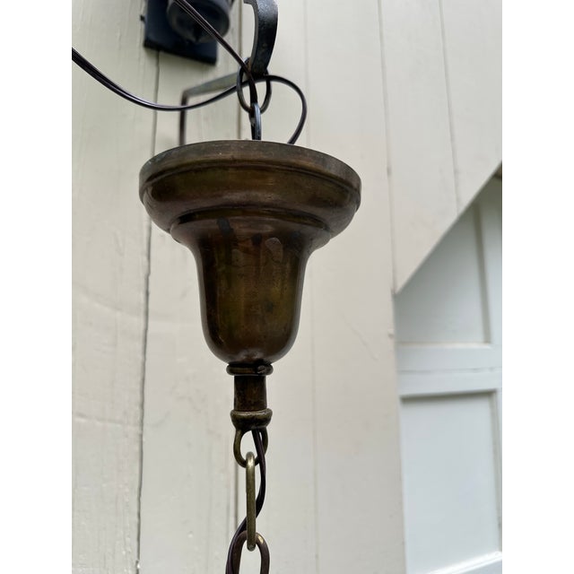 1930s Vintage Dark Brass Hanging Fixture With Vintage 14" Diameter School House Globe For Sale - Image 5 of 6