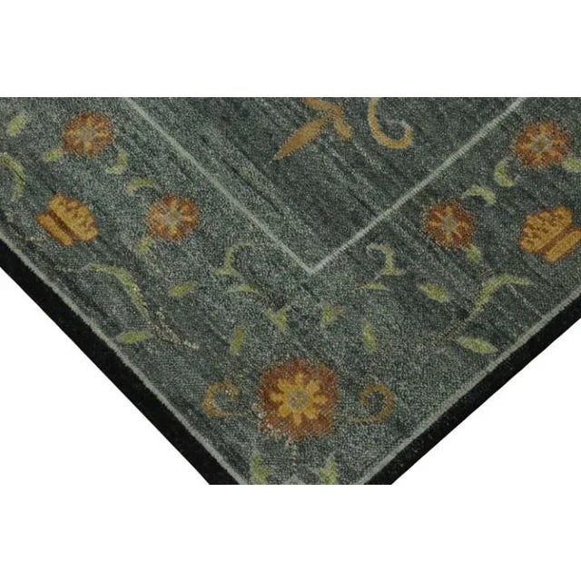 Rug & Kilim’s Block Print Rug, Teal and Gray Tones With Whimsical Floral Pattern For Sale In New York - Image 6 of 7