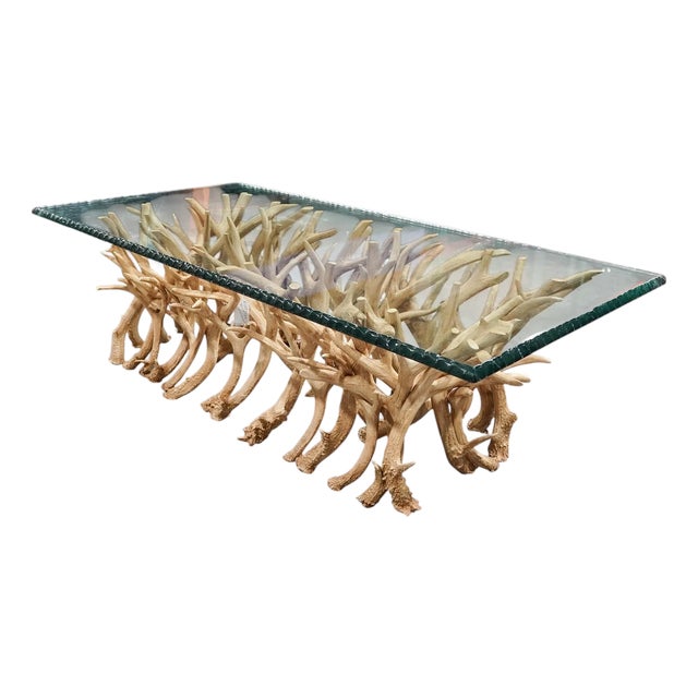 1990s Large American Faux Antler Base Etched Glass Top Coffee Table For Sale