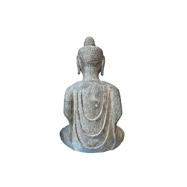 18.5" Gray Brown Distressed Marks Stone Sitting Buddha Statue For Sale - Image 10 of 10