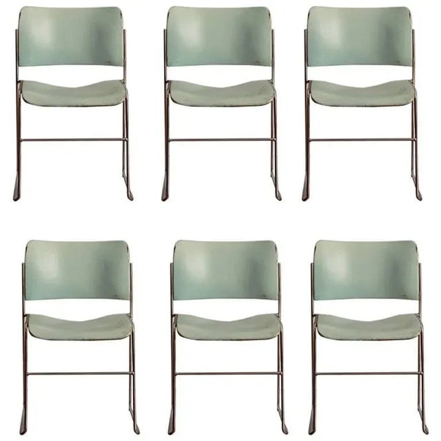 1970s Vintage Teal and Chrome David Rowland 40/4 Stacking Chairs- Set of 6 For Sale - Image 9 of 9