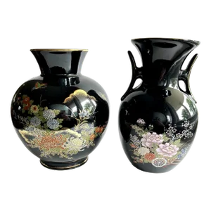 Vintage Black & Gold Porcelain Imari Chinoiserie Vases - Set of 2