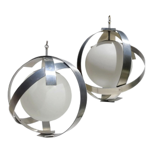Pair of Brushed Aluminum Band Hanging Glass Globe Saturn Caged Lights in the Manner of Laurel