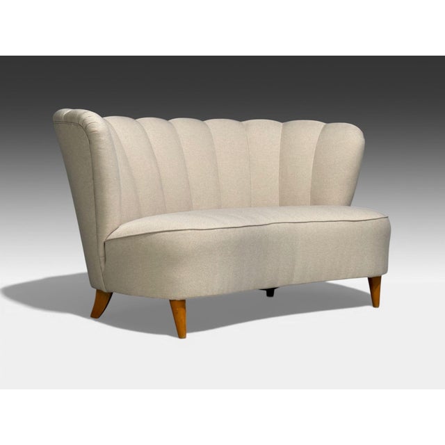 Mid-Century Modern Carl-Johan Boman, Settee, Beige Linen, Wood, Finland, 1950s For Sale - Image 3 of 10