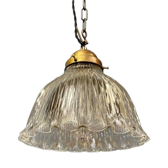 Asteroid Pressed Glass Holophane Pendant Lamp with Brass Fixture, 1920s For Sale