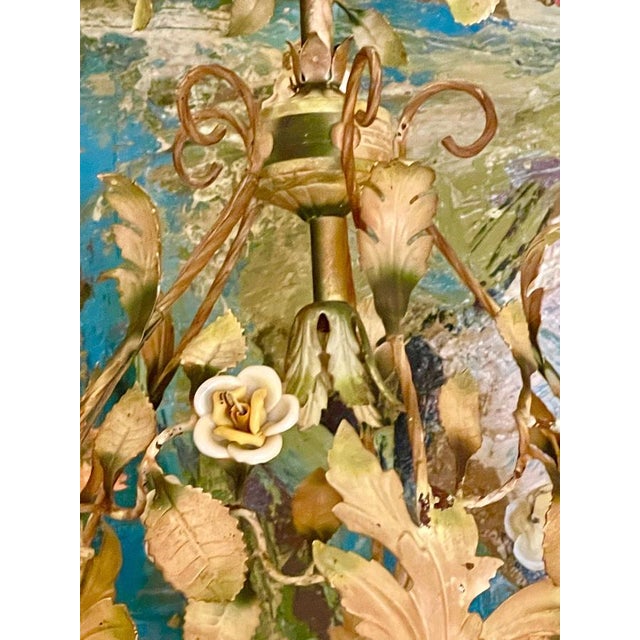 Metal Porcelain Floral Roses Flower Chandelier, 1940s For Sale - Image 7 of 14
