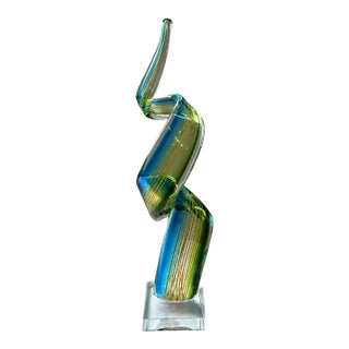 Vintage MCM Murano Hand Blown Blue Green Spiral Ribbon Swirl Glass Figurine For Sale
