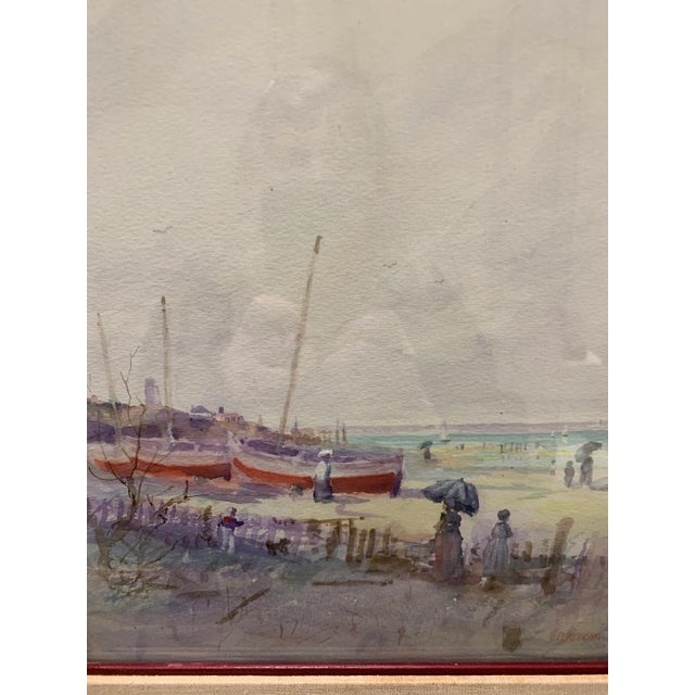 1980s "Red Boats" Impressionist Style Beach Scene Painting by Tom Perkinson, Framed For Sale - Image 4 of 11