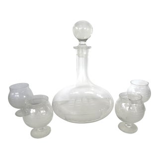 1960s Toscany Vintage Etched Sailing Ship Captain Decanter Set With Four Snifters For Sale