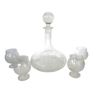 1960s Toscany Vintage Etched Sailing Ship Captain Decanter Set With Four Snifters