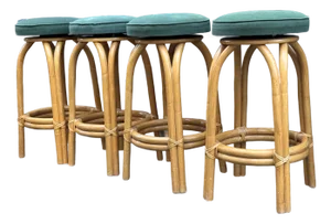 Mid-Century Paul Frankl Style Bentwood Rattan Bar Stools - Set of Four