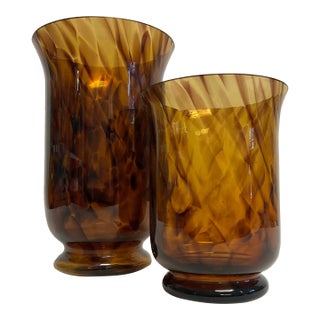 1970s Hollywood Regency Tortoise Glass Low-Rise Pedestal Vases - a Pair. For Sale