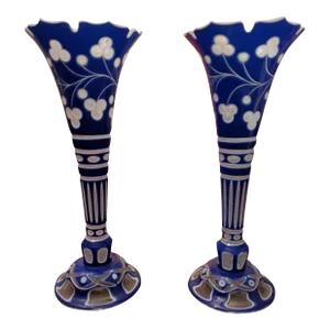 Pair Antique Large Bohemian Glass Moser Blue Overlay Vases