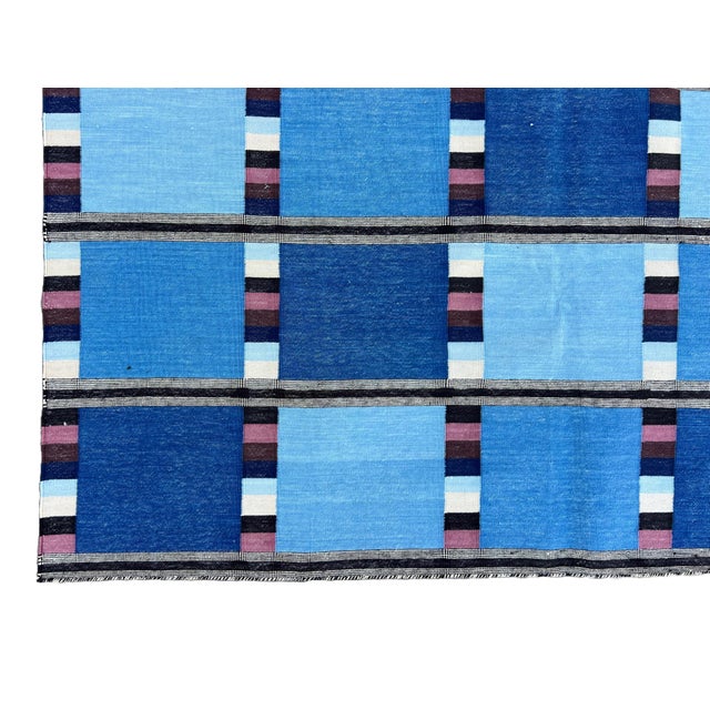 Handmade Cotton Vegetable Dyed Rug, Blue Cream, Pink and Brown Checked Dhurrie - 10'x14' For Sale - Image 10 of 12