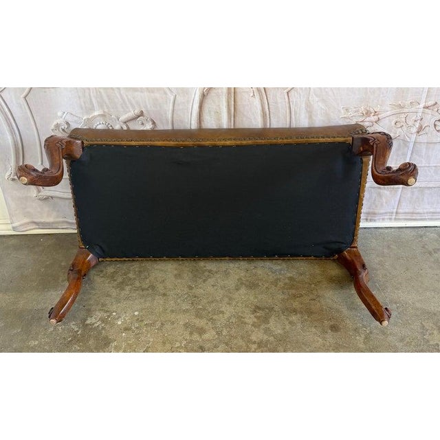 Antique French Louis XV Bench, Hand-Carved Wood & Brown Leather For Sale - Image 4 of 14