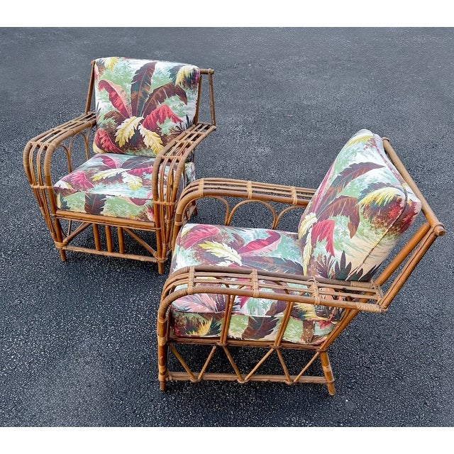 Mid-Century Modern Pair, Mid-Century Modern Attributed to Paul Frankl Rattan Barkcloth Lounge Chairs For Sale - Image 3 of 18
