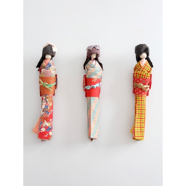 Mid-Century Japanese Folk Art Kimono Dolls Set of 3 For Sale - Image 4 of 16