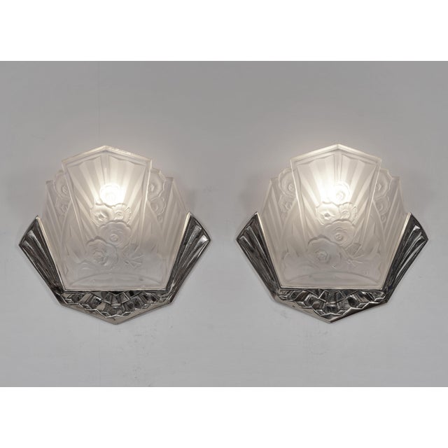 wall sconces by Jean Gauthier A nice pair of authentic 1925-1930 French art deco wall lights in nickel plated solid brass...