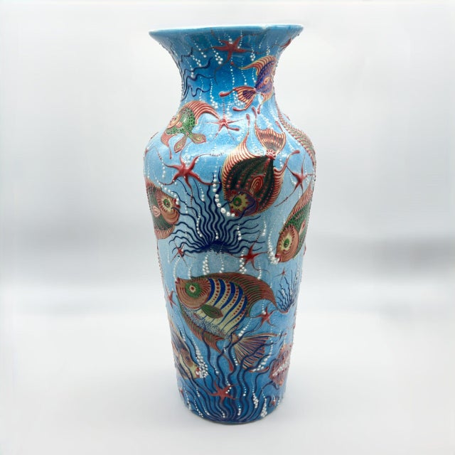 Blue Handmade Ceramic Grand Column Vase (50cm) Embossed Aegean Aquarium & Coral Reef Floor Vase For Sale - Image 8 of 10