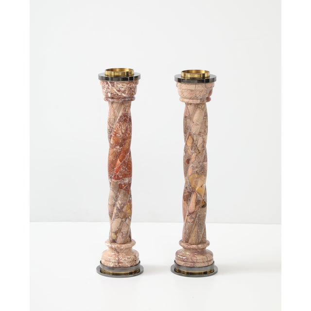 1980's Spiral Marble Steel and Brass Large Candle Holder For Sale - Image 4 of 17