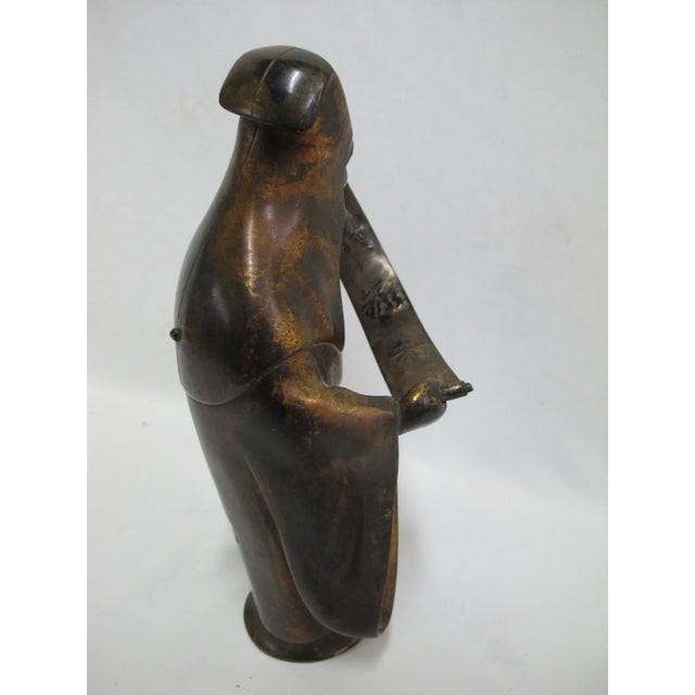 Mid 20th Century Japanese Bronze Old Man Figural Scholar With Scroll 13" Tall Statue Figurine For Sale - Image 5 of 8