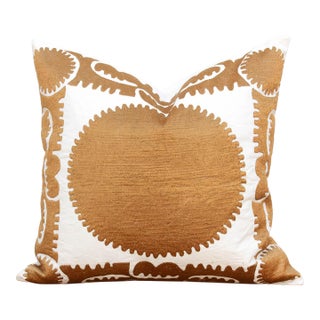 18"sq Gold & White Medallion Suzani Pillow Cover For Sale