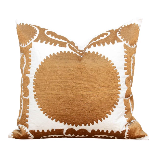 18"sq Gold & White Medallion Suzani Pillow Cover For Sale