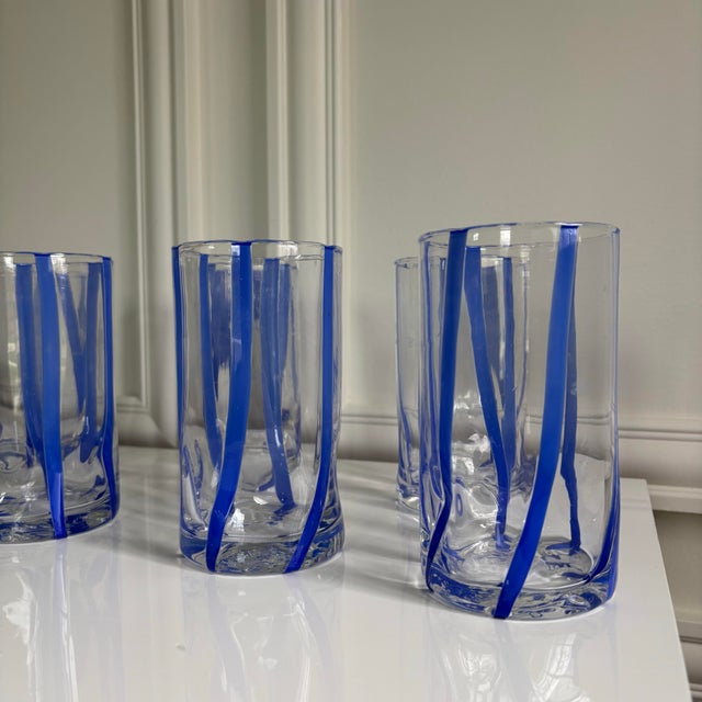 2020s Contemporary Comic Blue Stripe Italian Murano Glass Tumblers - Set of 6 For Sale - Image 5 of 6