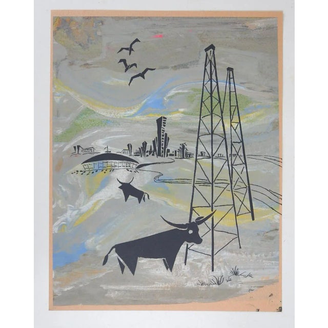 Vintage mid century serigraph on paper of Houston Astro Dome, oil wells and longhorn cattle. Images in black over gray,...