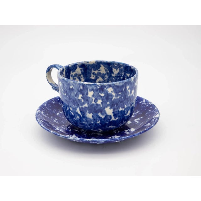 Oversized Mug & Saucer Blue & White Splatterware. American mid 20th century. 7"w 5"d x 4"h plate is 8.5"dia 1.25"h