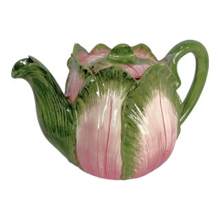 Vintage Majolica Cabbage Ceramic Tea Pot With Lid Made in Italy For Sale