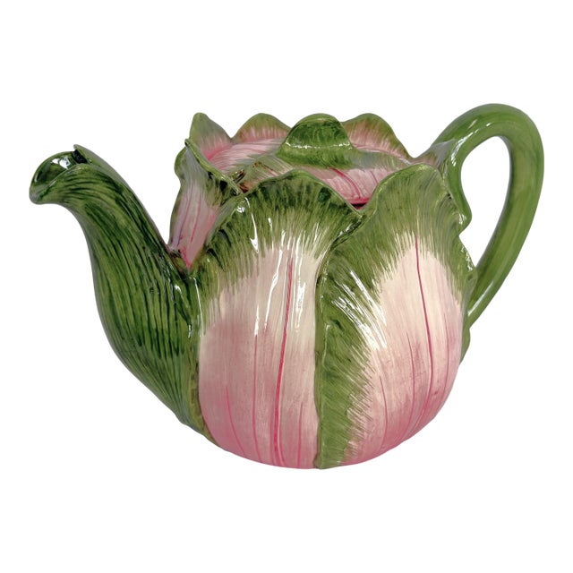 Vintage Majolica Cabbage Ceramic Tea Pot With Lid Made in Italy For Sale