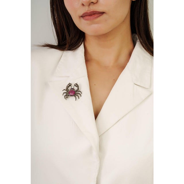Ruby Red 6.4 Carat Ruby and Diamond Crab Brooch Pendant in Sterling Silver For Sale - Image 8 of 14